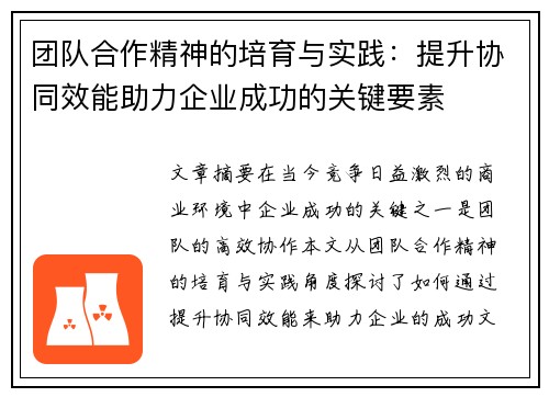 团队合作精神的培育与实践：提升协同效能助力企业成功的关键要素