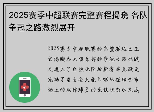 2025赛季中超联赛完整赛程揭晓 各队争冠之路激烈展开