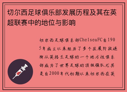 切尔西足球俱乐部发展历程及其在英超联赛中的地位与影响